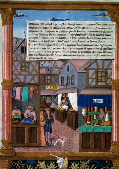 En rue de Paris med ekkopper på begynnelsen av 1500-tallet Manuskriptside hentet fra "Livre du Gouvernement des Princes" "av Romain Gilles (1500-tallet) Paris, Bibliotheque de l