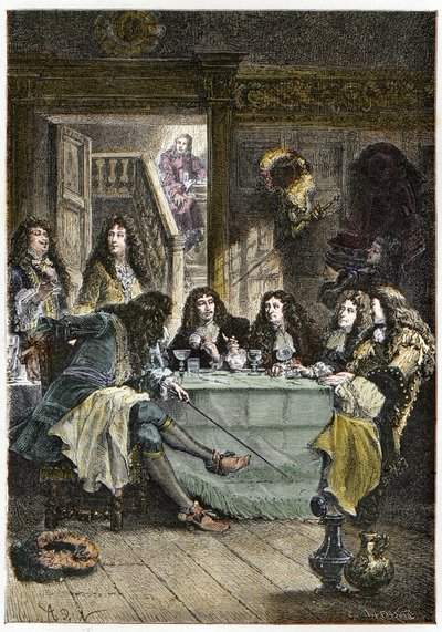 En salong (kabaret) som samler de franske forfatterne Jean de La Fontaine (1621-1695), Nicolas Boileau-Despreaux (Boileau Despreaux) (1636-1711), dramatikeren Jean Baptiste Poquelin dit Moliere (1622-1673) og poeten Jean Racine ( 1639-1699) - Fontenen, Boi av French School