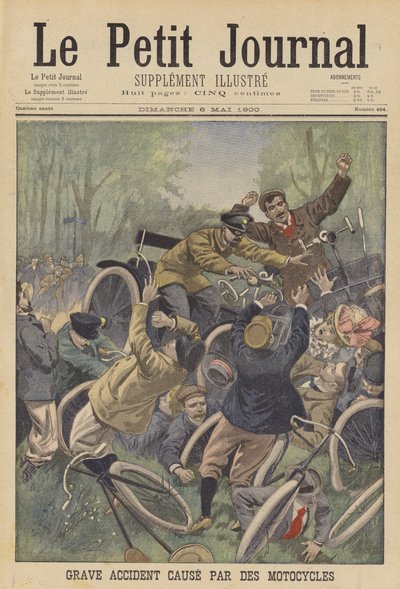 En alvorlig ulykke forårsaket av motorsykler (farge litho) av French School
