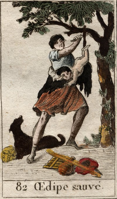 A shepherd saves Oedipus as a child, abandoned by his parents because of the pressing of the oracle of the Pythia (Oedipus abandoned by his parents because of the oracle of the Pythia is saved by a shepherd). From “Mythology of Youth” by Pierre Blanchard 1 av French School