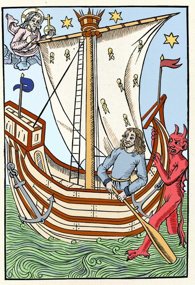 Et skip blant havets farer. En demon grep tak i baugen mens Gud manifesterte seg til venstre. Gravering fra «Gjeternes store kalender og kompost», Troyes 1491 av French School