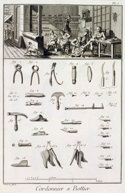 En sko- og støvelmaker og deres verktøy, fra Encyclopedie des Sciences et Metiers av Denis Diderot (1713-84) utgitt ca. 1770 av French School
