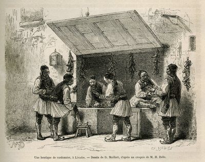 En skomakerbutikk og hans klientell, i Livadie, tegning av D. Maillard, for å illustrere historien om Henri Belle: Voyage en Greece av French School