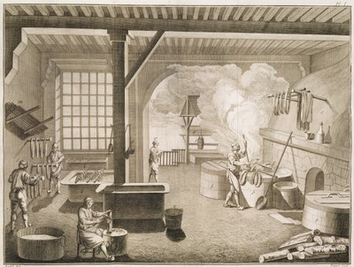 Et verksted for silkefarger, fra Encyclopedie des Sciences et Metiers av Denis Diderot (1713-84) utgitt ca. 1770 av French School