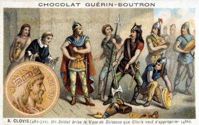 En soldat knuser Soissons-vasen som Clovis vil eie, 486 av French School