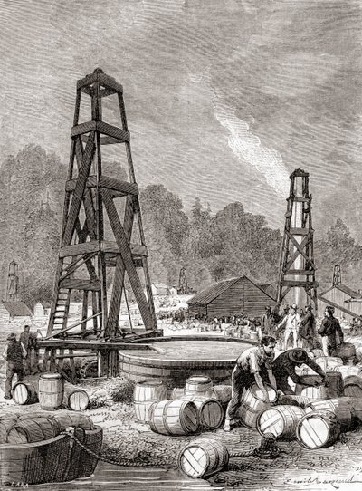 En petroleumskilde ved Oil Creek ved Allegheny River, Pennsylvania, USA i 1858, oppdaget av Edwin Laurentine Drake, alias oberst Drake, fra 