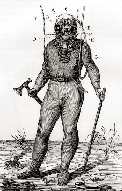 En standard dykkerdrakt patentert av Joseph-Martin Cabirol i 1855, fra 