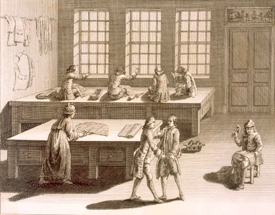 Et skredderverksted, fra Encyclopedie des Sciences et Metiers av Denis Diderot (1713-84) utgitt ca. 1770 av French School