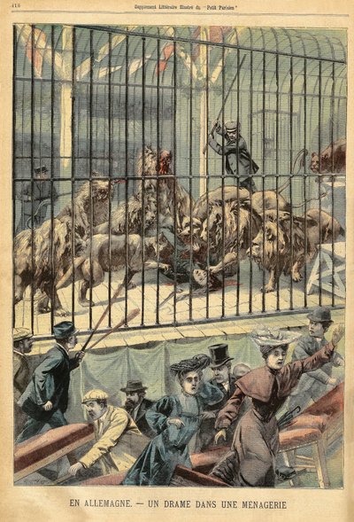 En temmer blir slukt av løvene sine i et menasjeri i Dessau, Tyskland. Gravering i "" Le Petite Parisien"", den 27/12/1903. av French School