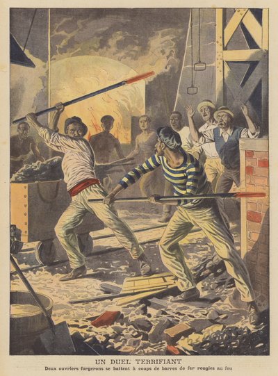 En skremmende duell (fargelitografi) av French School