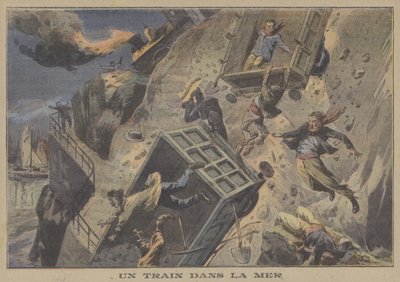 Et tog som faller i havet (farge litho) av French School