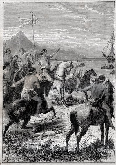 A troop of men on horseback wore a white flag: Vice-Admiral John Byron (1723-1786) received by the natives of Cape des Virgins, at the eastern mouth of Magellan