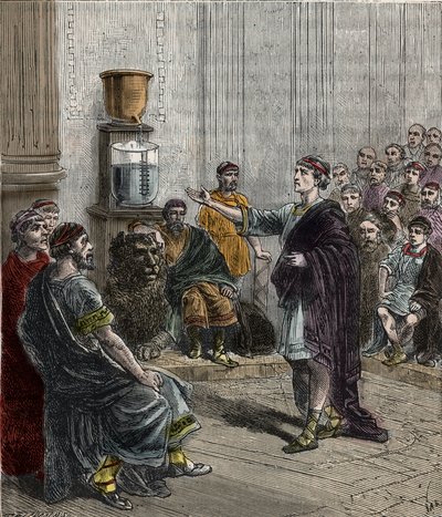 A water clock or clepsydra in Athens - Ancient Greece - la clepsydre a Athenes - Engraving in “” Sciences placed at the door of all - physics and chemistry” by Alexis Clerc - End 19th century - Private collection av French School