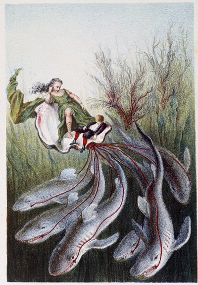 En kvinne og en gutt på en tank ledet av haier - i «Reisen til havets bunn» av H. de la Blanchère. Paris, red. Jouvet et Cie, sd. 1880. (dobbel 02946) av French School
