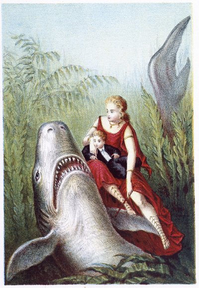 En kvinne og en gutt som rir på en hai - i "" Reise til bunnen av havet"" av H. de la Blanchère. Paris, red. Jouvet et Cie, sd. 1880. (dobbel 02943) av French School