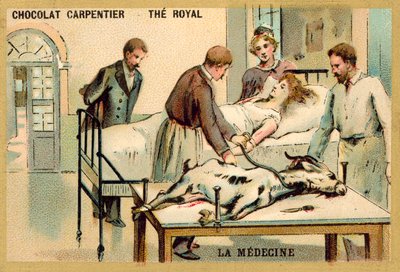 En kvinne som mottar en blodoverføring fra en geit (chromolitho) av French School