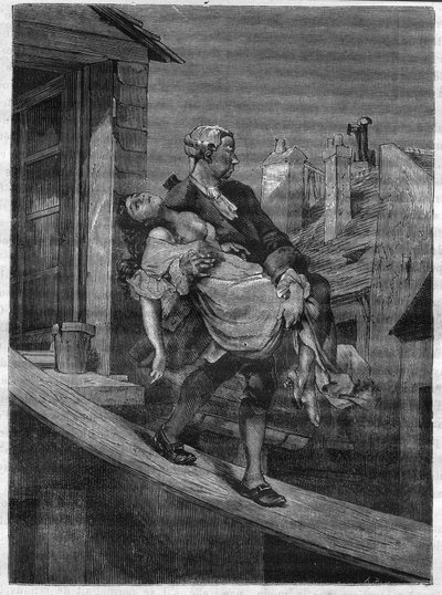 En ung jente blir tatt bort for fornøyelsene til kong Louis XV i Deer Park. Inngravering i "Prostitusjonens og utskeielsens historie blant alle verdens folkeslag fra antikken til i dag" av Dr. Th. -F. Debray. 1879. av French School