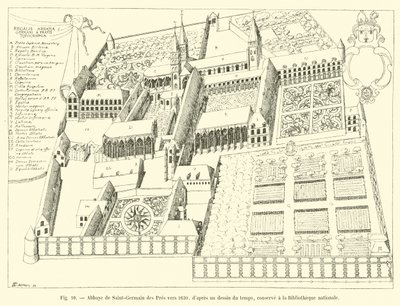 Abbey of Saint-Germain des Pres rundt 1630, fra en tegning fra tiden, oppbevart på Nasjonalbiblioteket av French School