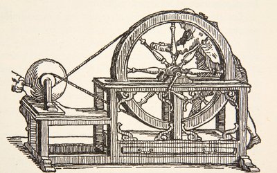 Abbe Nollets elektrisitetsmaskin, 1746, kopi av Boris Mestchersky (d.1957) illustrasjon fra Histoire de la Nation Francaise, Sciences, Volumes I & II, av Gabriel Hanotaux (1853-1944), 1924 av French School