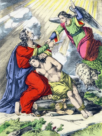 Abrahams offer. Gravering i "The main facts of holy history". Epinal Imaging, 4. serie. Pellerin og Cie, trykkeri-utgiver, Epinal. Slutten av 1800-tallet. Mål: 5,5x3,5cm av French School