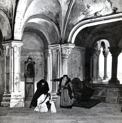Akt IV, Scene 2 av Pelleas et Melisande av Debussy, fra et fotografi av den første produksjonen i april, 1902 av operaen på Opera-Comique i Paris, illustrasjon i Theatre magazine, juni, 1902 (l av French School