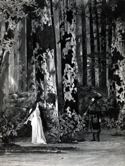 Akt I, Scene 1 av Pelleas et Melisande av Debussy, fra et fotografi av den første produksjonen i april 1902 av operaen på Opera-Comique i Paris, illustrasjon i Theatre magazine, juni, 1902 (li av French School
