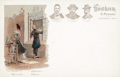 Første akt, La Boheme (farge litho) av French School