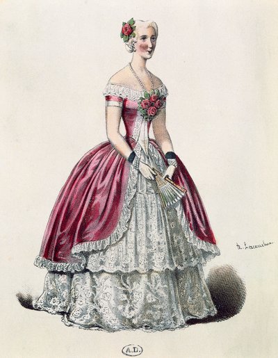 Skuespiller Eugenie Doche (1821-1900) i tittelrollen i Lady of Camellias, drama av Alexandre Dumas fils (1824-1895), Frankrike av French School