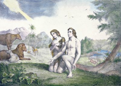 Adam og Eva i Edens hage, sent på 1800-tallet (fargegravering) av French School