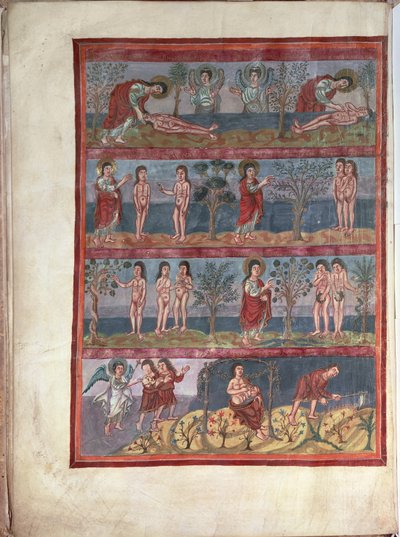 Add.10546 f.5v Adam og Eva, fra Moutier-Grandval-bibelen, opplyst i det karolingiske klosteret St. Martin, Tours, latin, c.834-843 (vellum) av French School