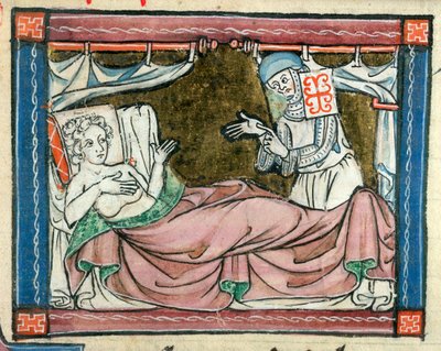 Legge til. 10293, f.107 En kvinne i sengen fulgt av en nonne, illustrasjon fra 