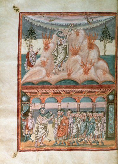 Legg til 10546 f.25b Moses mottar og overfører Guds lov på Sinai-fjellet, fra Moutier-Grandval-bibelen, opplyst i det karolingiske klosteret St. Martin, Tours, ca. 834-843 (vellum) av French School
