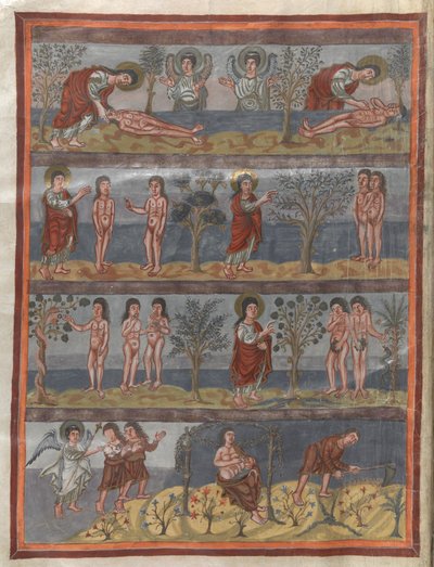 Legge til. 10546, f.5v Skapelsen av Adam og Eva (vellum) av French School