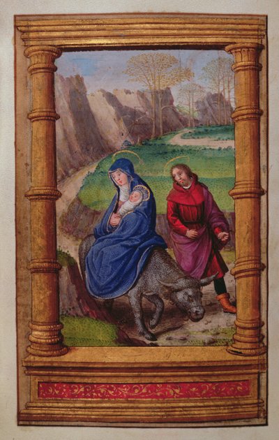 Legg til 35214 f.72v Flight into Egypt, fra a Book of Hours, Paris av French School