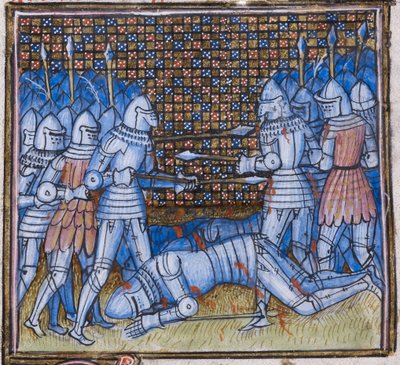 Legge til. 38659 fol.170 Sir John Chandos død. Et middelalderslag, belysning fra 