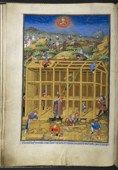 Legg til Ms 18850 f.15v, The building of Noah's Ark, fra Time Book (The Bedford Hours) c.1410-30 (blekk, farge og gull på vellum) av French School