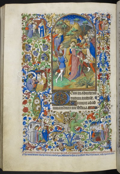 Legg til Ms 18850 f.221v, Hours of the Passion [Lauds]. Betrayal of Christ, fra Book of Hours (The Bedford Hours) ca. 1410-30 (blekk, farge og gull på vellum) av French School