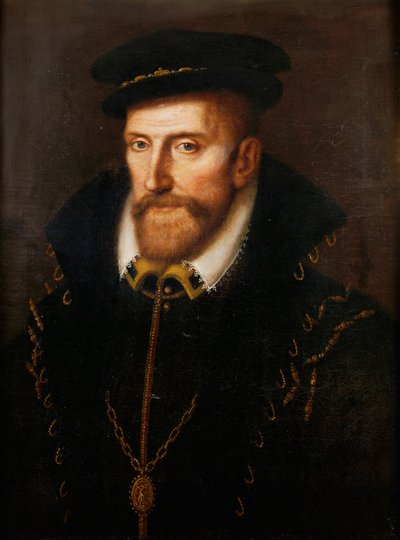 Admiral Gaspard de Coligny, fransk kalvinist, statsmann og offiser, myrdet under Bartolomeusnatten … (olje på eik) av French School
