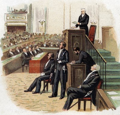 Adolphe Thiers (1797-1877), republikkens president ved talerstolen til nasjonalforsamlingen i 1872 - Chromolithography (Chromo) fra begynnelsen av det 20. århundre. av French School