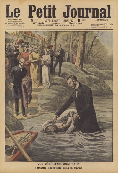 Adventistdåp i elven Marne (farge litho) av French School