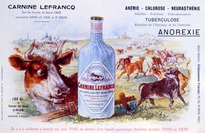 Annonse for Carnine Lefrancq, publisert i det medisinske magasinet Chanteclair, tidlig på det tjuende århundre av French School