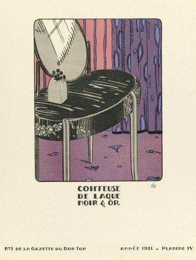 Reklame for «Sminkebord i svart og gulllakk», utgitt 1921 (sjablongtrykk) av French School