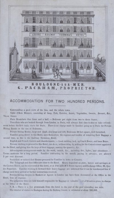 Annonse for Louvre Railway Terminus Hotel, Boulogne-sur-Mer, Frankrike (litho) av French School