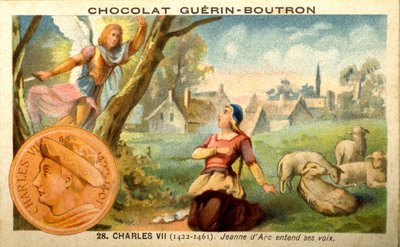 Reklamekromolitografi av sjokolade Guerin Boutron, konge av Charles VII fra 1422 til 1461. Jeanne d