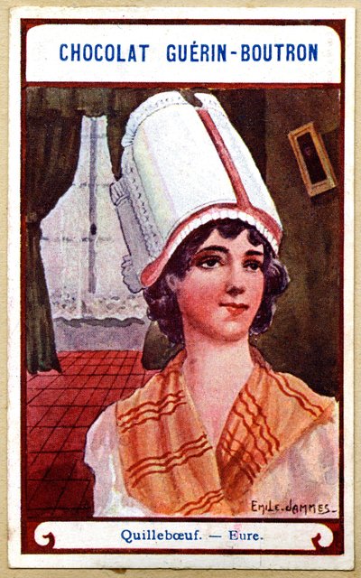 Reklamekromolitografi av sjokolade Guerin Boutron, hodeplaggene i regionene i Frankrike, Quillebœuf, Eure, illustrasjon Emile Jammes (kromolitografi) av French School