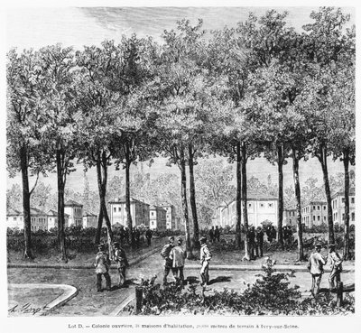 Annonse som viser en arbeiderkoloni, illustrasjon fra Le Monde Illustre, 1876 av French School