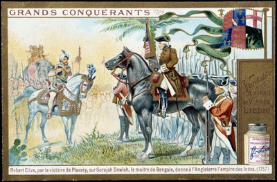 Etter Plasseys seier over Surajah Dowlah (Suraj Ud-daula eller Ud Daula Ud Daulah eller Ud-Daulah), ga mesteren av Bengal England Empire of India i 1757. 1800-tallets liebig kromolitografi. av French School