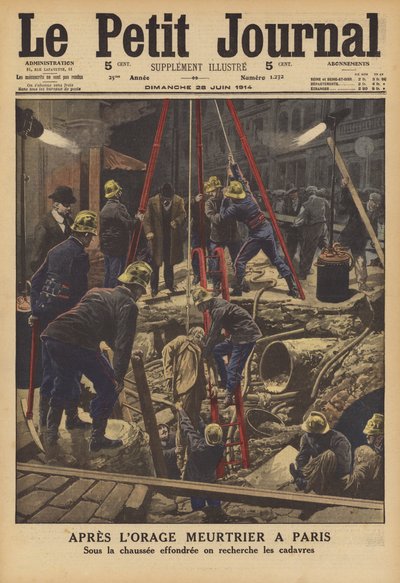 Etterdønninger av et dødelig tordenvær i Paris (farge litho) av French School