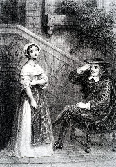 Agnes med sin verge Arnolphe, fra The School for Wives, av Moliere av French School