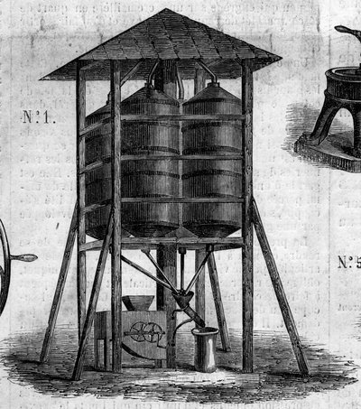 Landbruksmaskin: et konservativt loft for hvete presentert på 1860-landbruksutstillingen i Paris. Gravering i "" Le Monde Illustré"" nr. 168 av 30. juni av French School